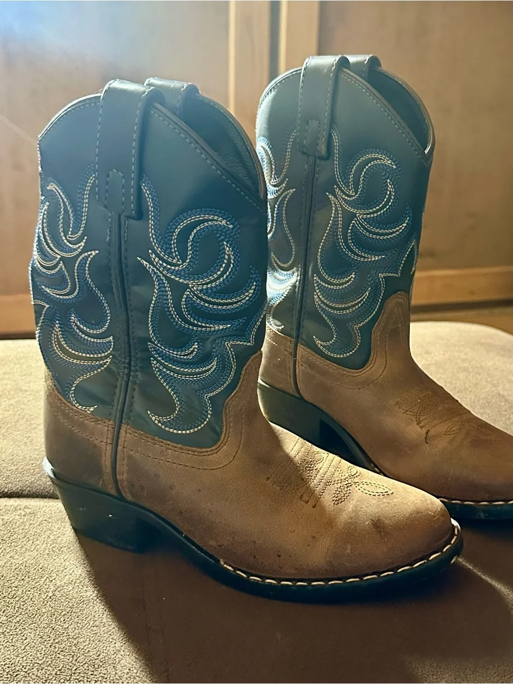 Kids Brown Western Cowboy Boots with Blue Shaft Accent